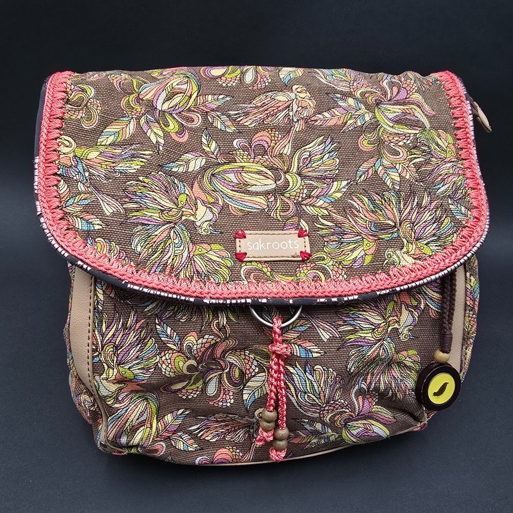 Sakroots Convertible Backpack Shoulder Bag Purse Bird Print Pink Brown